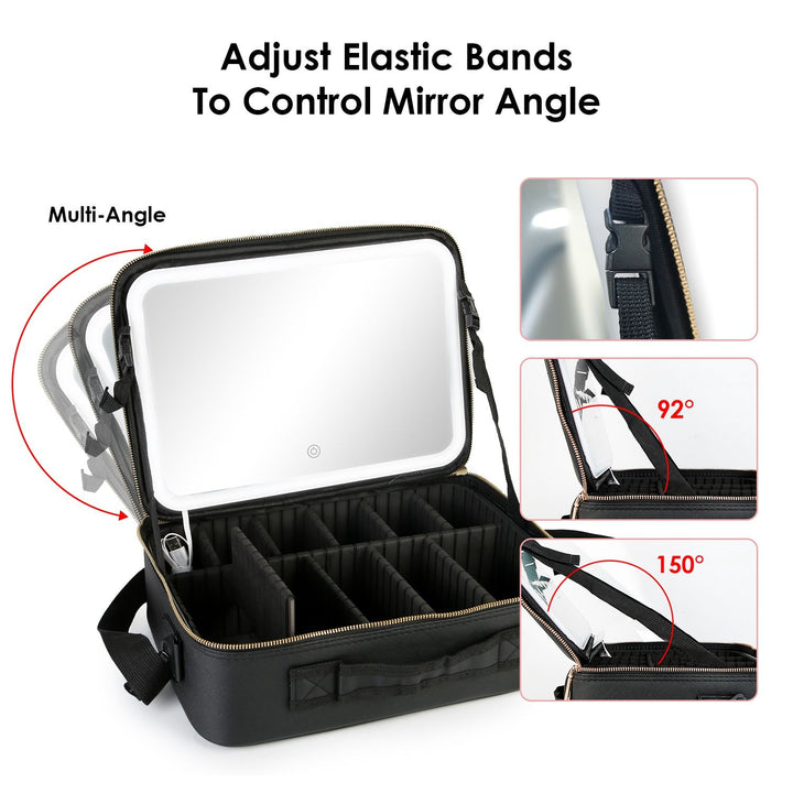 Travel Makeup Bag with LED Mirror Makeup Case Organizer with 3 Light Colors Adjustable Dividers Brush Holder Magnifying Mirror Dimmable USB Rechargeable