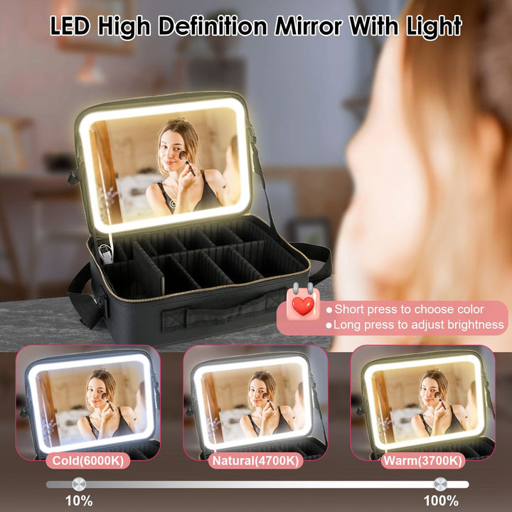 Travel Makeup Bag with LED Mirror Makeup Case Organizer with 3 Light Colors Adjustable Dividers Brush Holder Magnifying Mirror Dimmable USB Rechargeable