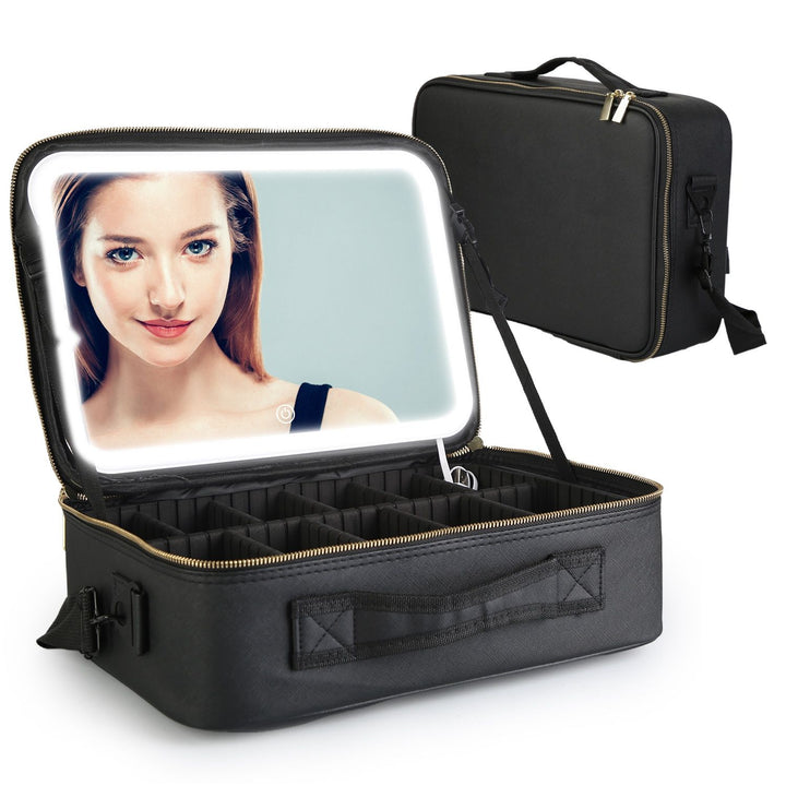 Travel Makeup Bag with LED Mirror Makeup Case Organizer with 3 Light Colors Adjustable Dividers Brush Holder Magnifying Mirror Dimmable USB Rechargeable
