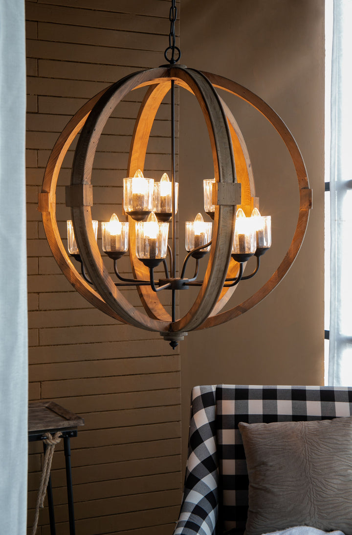 9- Light Globe Chandelier, Wood Chandelier Hanging Light Fixture with Adjustable Chain for Kitchen Dining Room Foyer Entryway, Bulb Not Included
