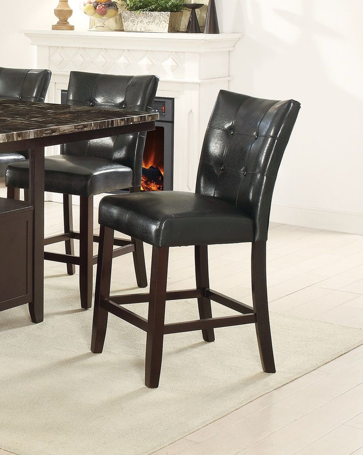 Dining Room Furniture 6pc Counter Height Dining Set Dining Table w Storage 4x High Chairs 1x Bench Black Faux Leather Tufted Seats Faux Marble Table Top