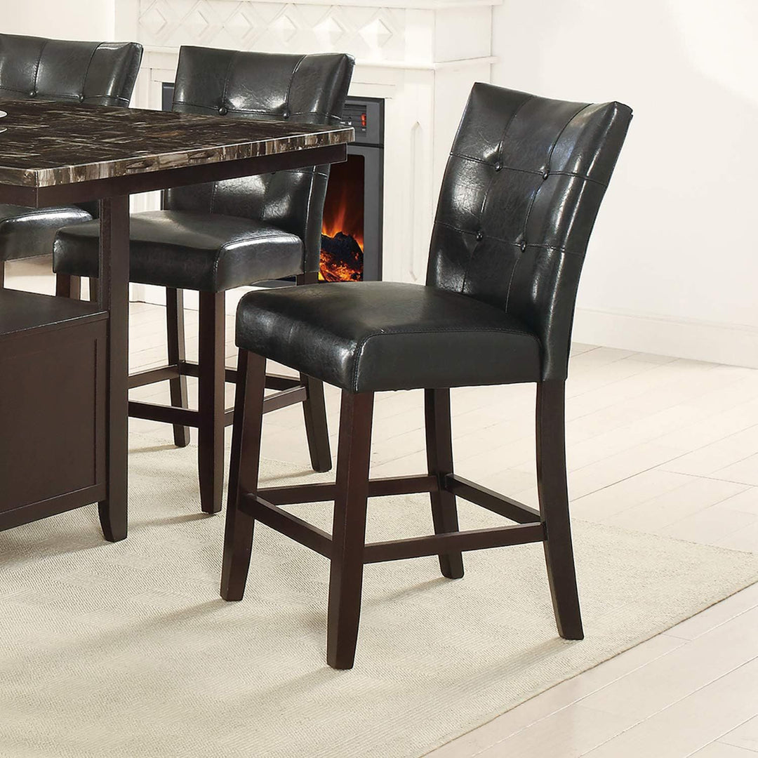 Dining Room Furniture 6pc Counter Height Dining Set Dining Table w Storage 4x High Chairs 1x Bench Black Faux Leather Tufted Seats Faux Marble Table Top