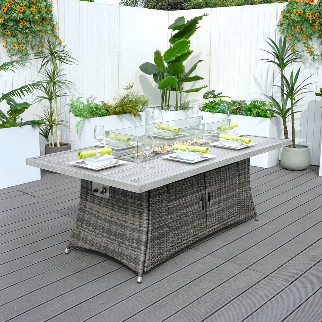 Direct Wicker Patio Fire Pit Dining Set 6-Seat Rectangular Aluminum Table with Rattan Chairs