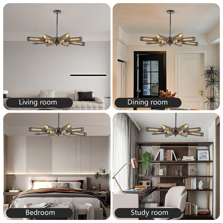 Modern Industrial Sputnik Chandelier, 8-Light Black and Gold Metal Pendant Light with Mesh Shades, E26 Base, Adjustable Height for Dining Room, Living Room, or Kitchen Island (Bulb Not Included)