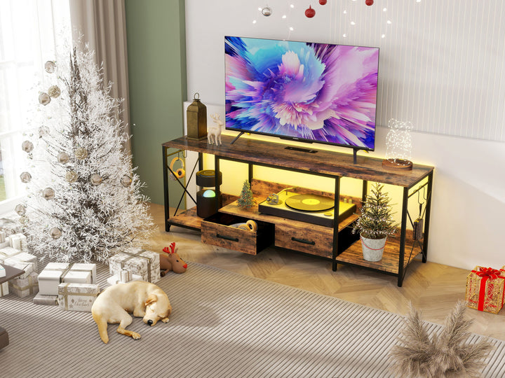 TV Stand with LED Lights Power Outlets - TV Stand with Fabric Drawers for 65 70 75 Inches TV - Entertainment Center and Industrial TV Console Table with Open Storage Shelves for Living Room, Bedroom