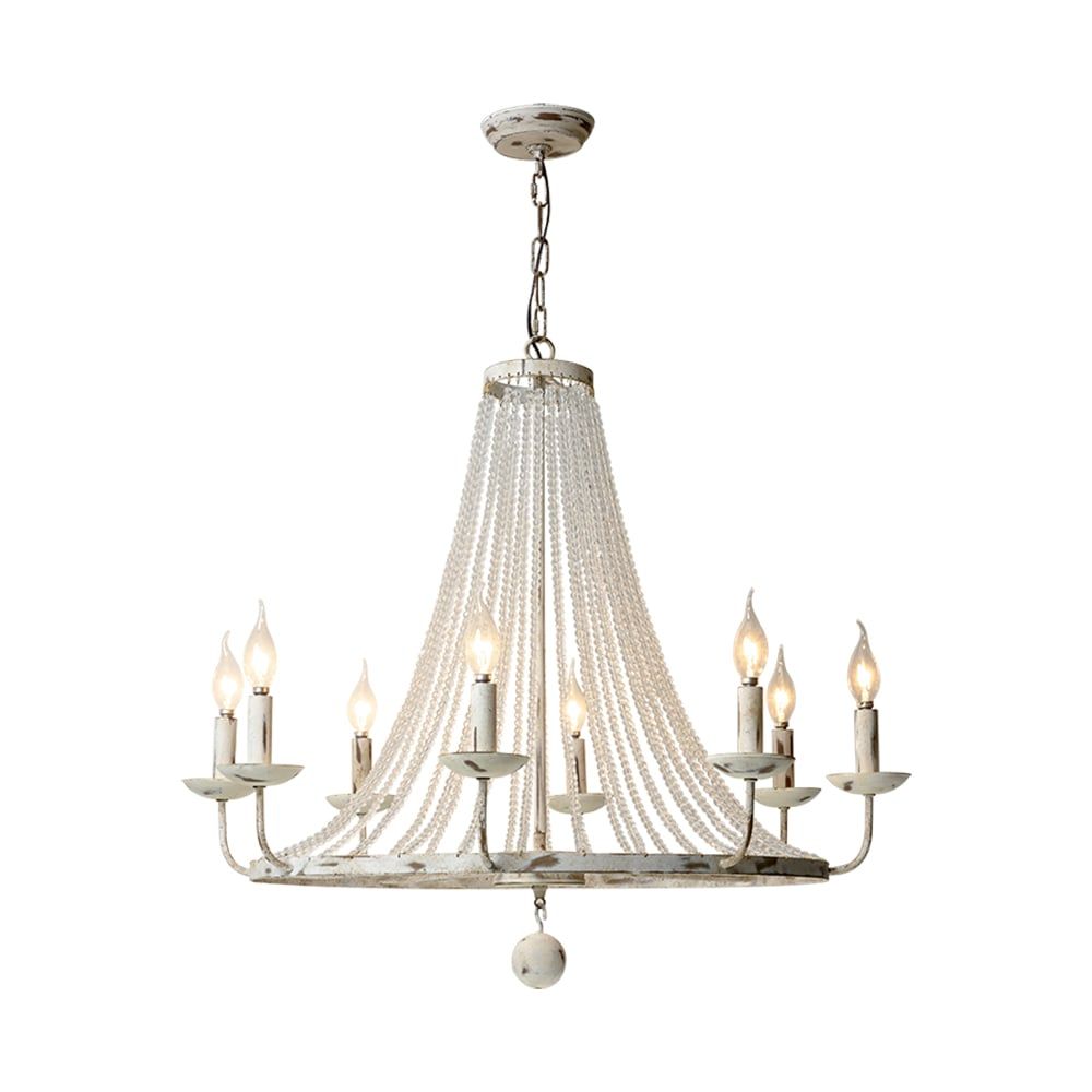 Crylite French Country Candle-Shaped 8-Light Crystal Bead Strands Metal Wheel Chandelier