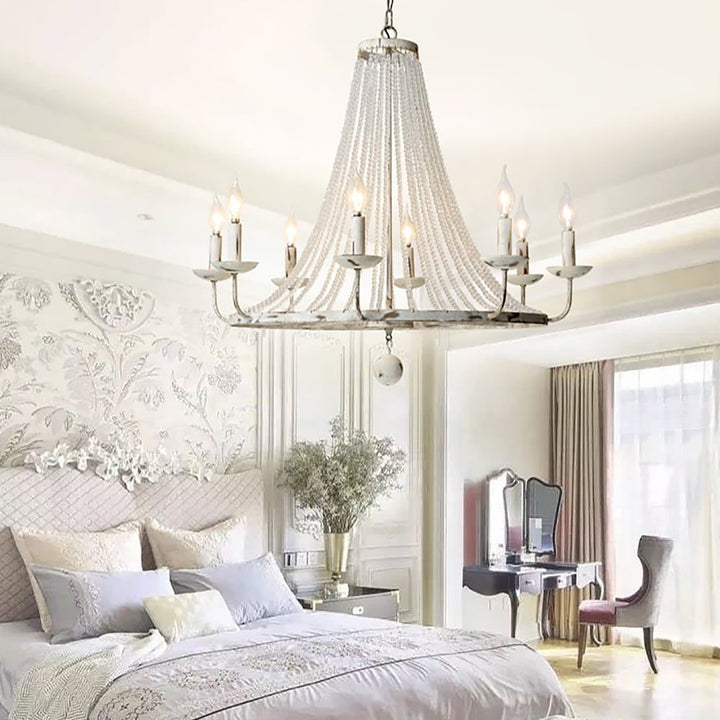 Crylite French Country Candle-Shaped 8-Light Crystal Bead Strands Metal Wheel Chandelier