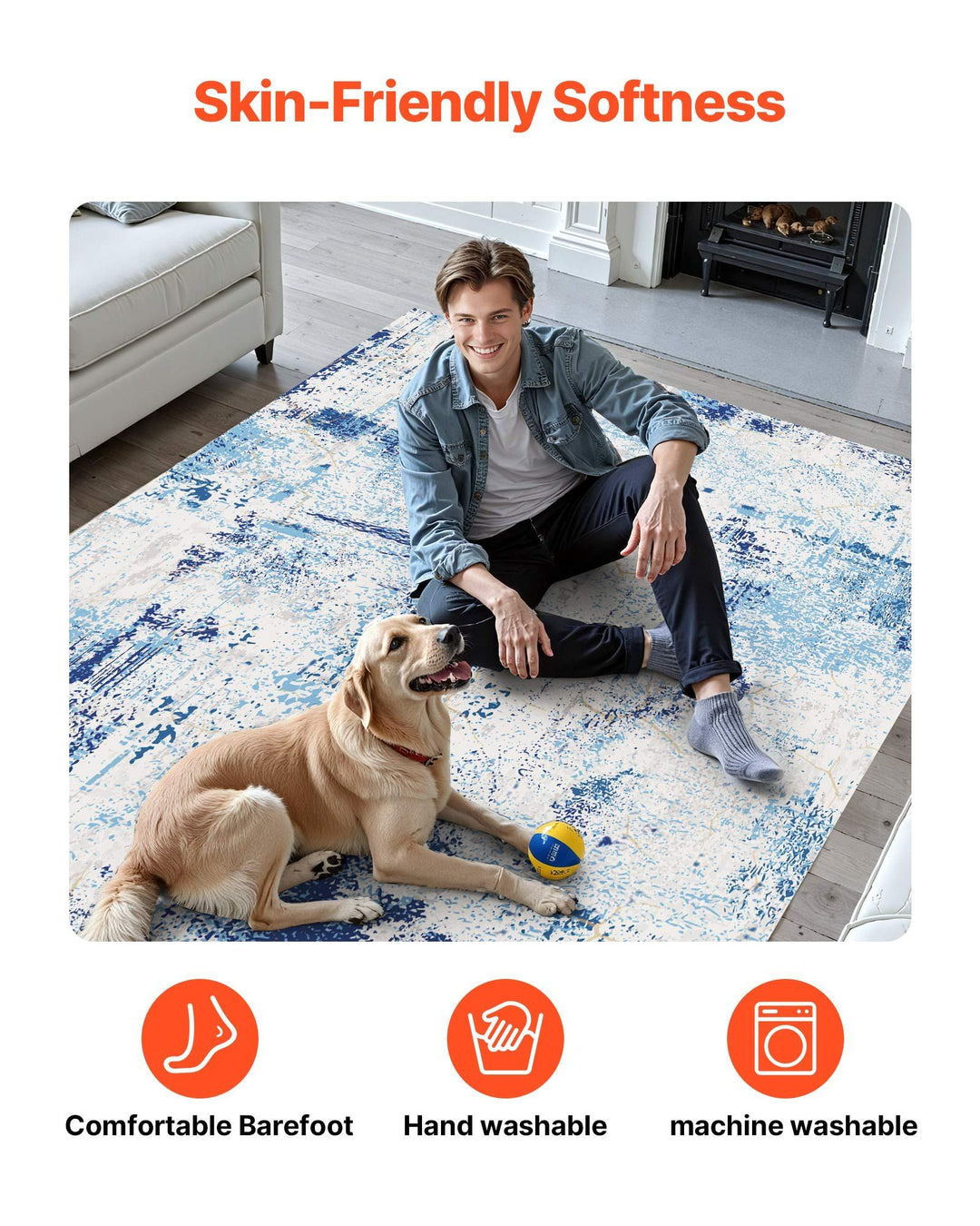 Large Area Rug 5 x 7 ft Anti-Skid and Tear-Resistant Floor Mat Modern Blue