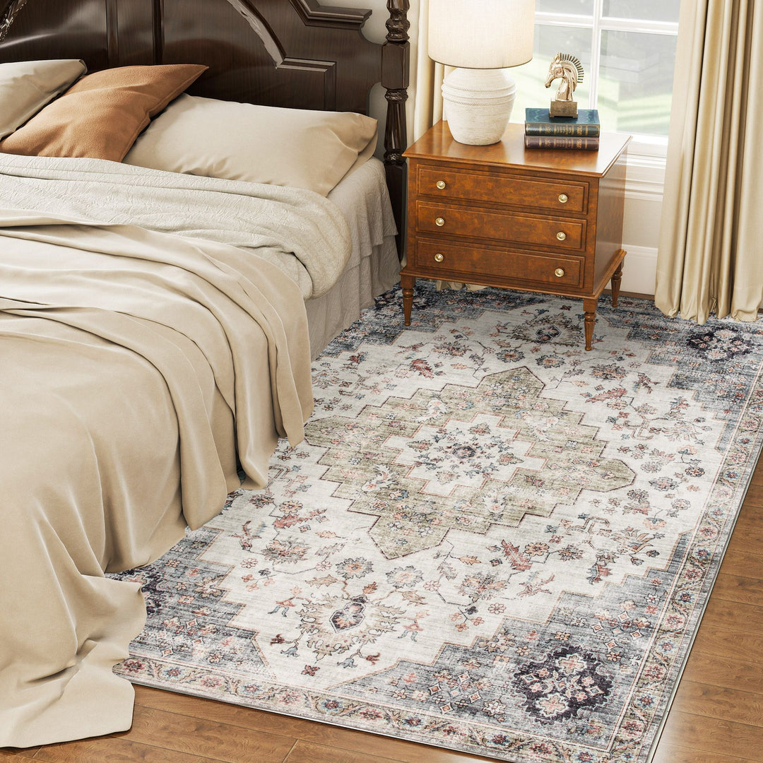 HOMCOM 5x7 Area Rug, Vintage Machine Washable Rug, Non-Slip Carpet for Living Room, Bedroom, Dining Room, Brown and Green