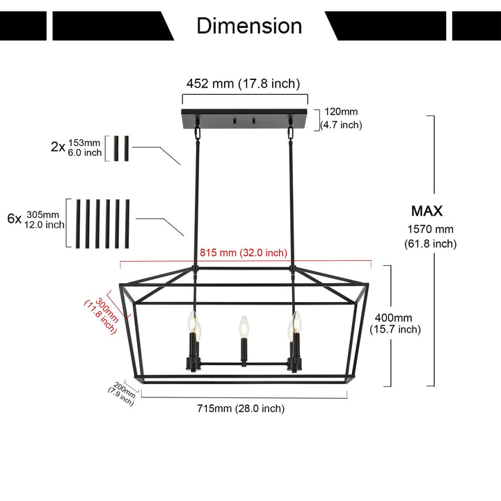 5-Light Kitchen Island Lighting Linear Traditional Classic Chandeliers, Farmhouse Dining Room Light Candle Pendant Lighting Hanging Matte Black Finish for Foyer Restaurant, E12 Base