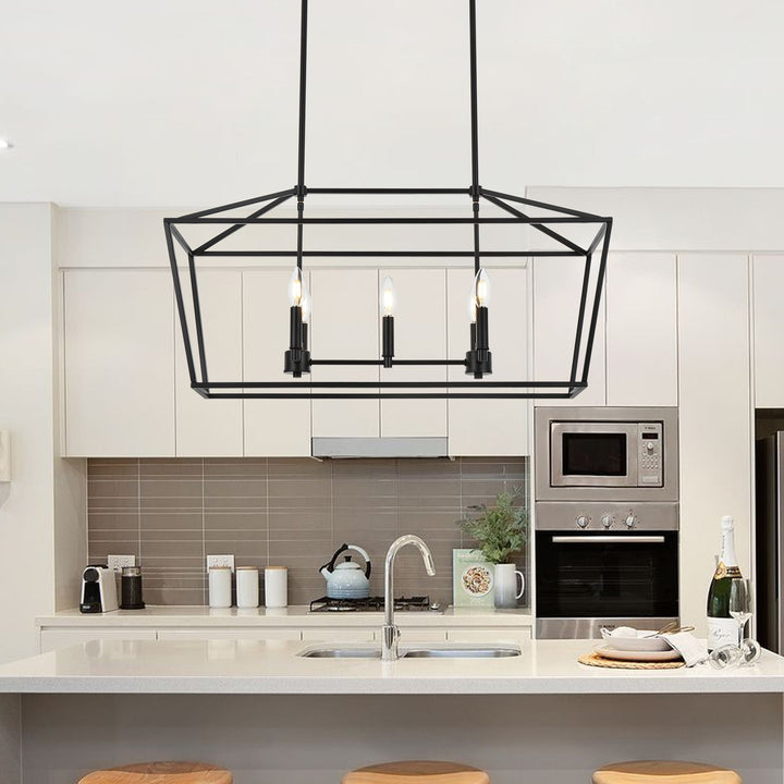 5-Light Kitchen Island Lighting Linear Traditional Classic Chandeliers, Farmhouse Dining Room Light Candle Pendant Lighting Hanging Matte Black Finish for Foyer Restaurant, E12 Base