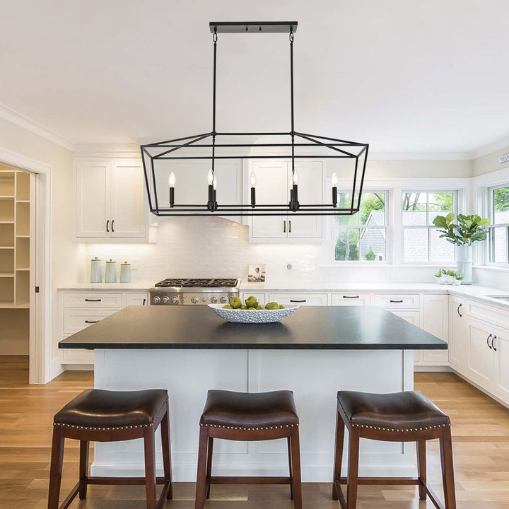 5-Light Kitchen Island Lighting Linear Traditional Classic Chandeliers, Farmhouse Dining Room Light Candle Pendant Lighting Hanging Matte Black Finish for Foyer Restaurant, E12 Base