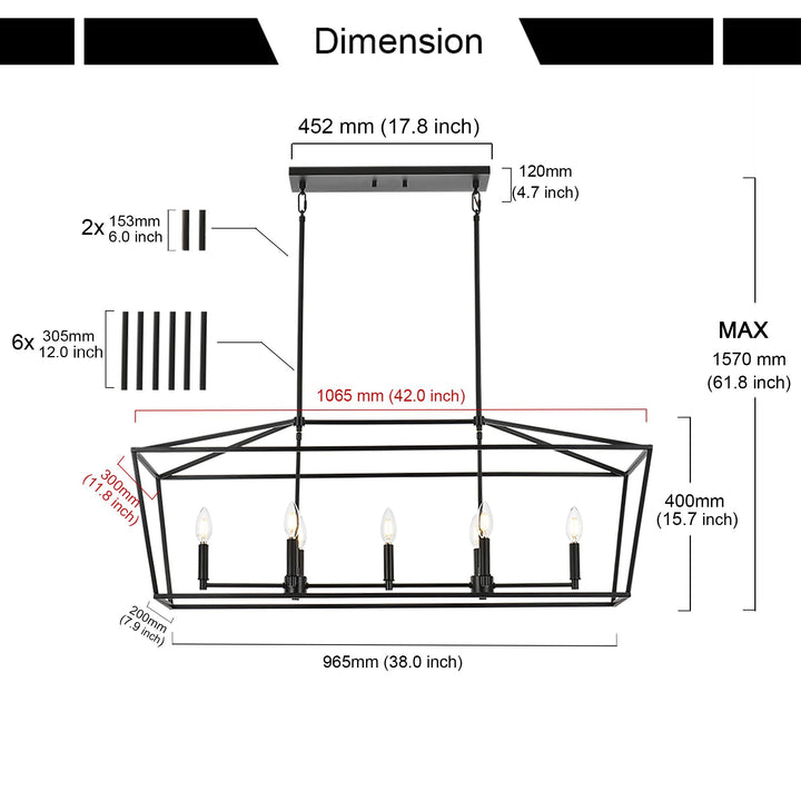 5-Light Kitchen Island Lighting Linear Traditional Classic Chandeliers, Farmhouse Dining Room Light Candle Pendant Lighting Hanging Matte Black Finish for Foyer Restaurant, E12 Base
