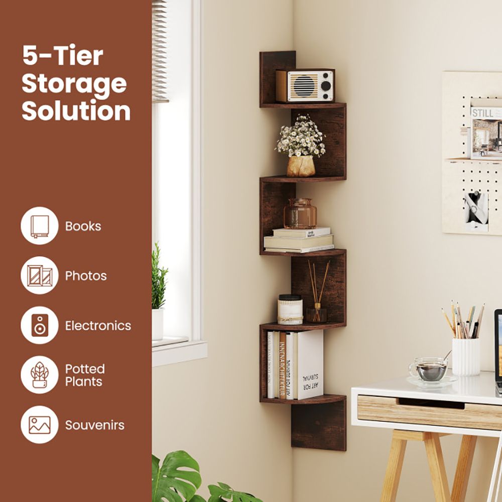 5-Tier Corner Shelf Floating Bookshelf Wall Mounted Storage Organizer