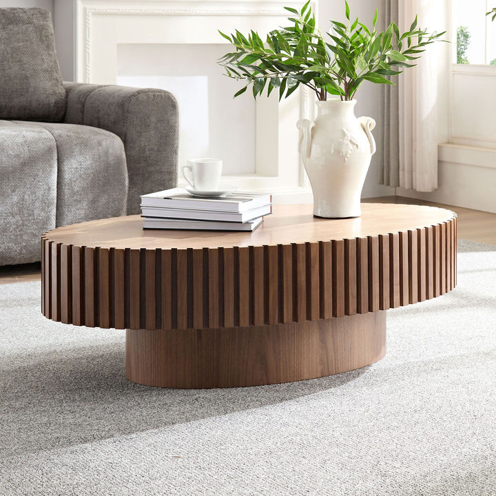 Modern Handcraft Drum Coffee Table Length 43.7 inch Ellipse Coffee Table for Living Room,Oval Small Coffee Table with Sturdy Pedestal