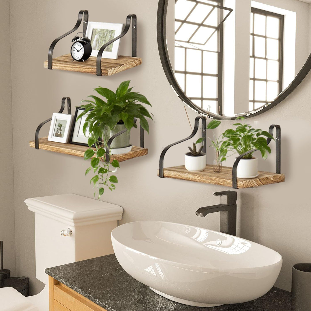 3 Pcs Wood Floating Shelves 3 Size Rustic Brown Wall Shelves Room Hanging Book Shelves Small Farmhouse Decor Wall Mounted Display for Living Room Bedroom Kitchen Bathroom Office