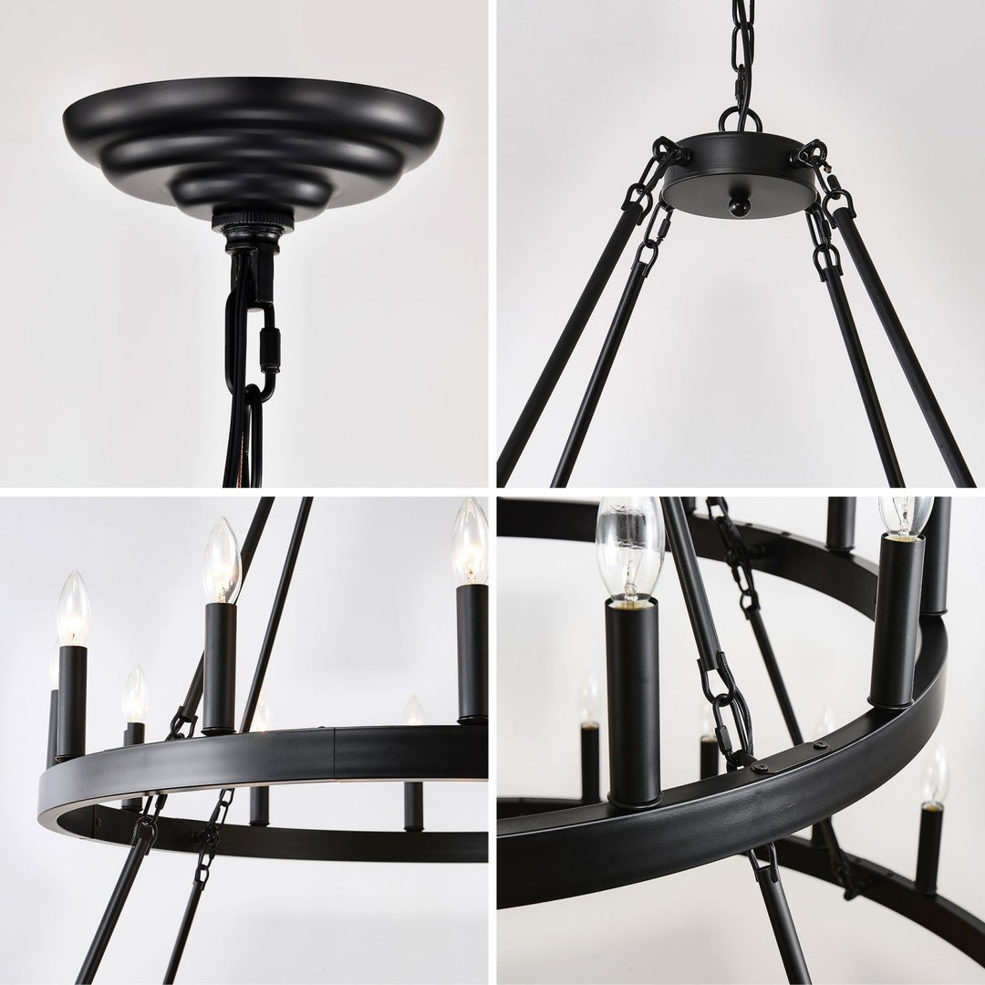 2 Tiers Wagon Wheel Chandelier Wooden Farmhouse 36-Light(24+12) or (12+24 ), Black Metal Chandeliers 2-Story Light Fixtures Industrial for High Ceiling Living Dining Room Foyer. Adjustable Height