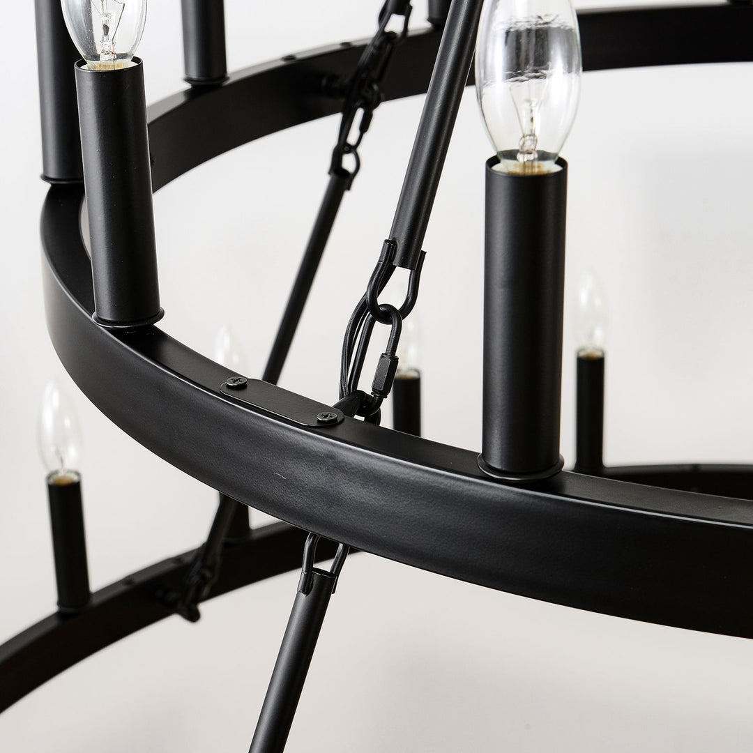 2 Tiers Wagon Wheel Chandelier Wooden Farmhouse 36-Light(24+12) or (12+24 ), Black Metal Chandeliers 2-Story Light Fixtures Industrial for High Ceiling Living Dining Room Foyer. Adjustable Height