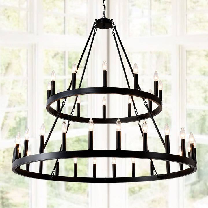 2 Tiers Wagon Wheel Chandelier Wooden Farmhouse 36-Light(24+12) or (12+24 ), Black Metal Chandeliers 2-Story Light Fixtures Industrial for High Ceiling Living Dining Room Foyer. Adjustable Height