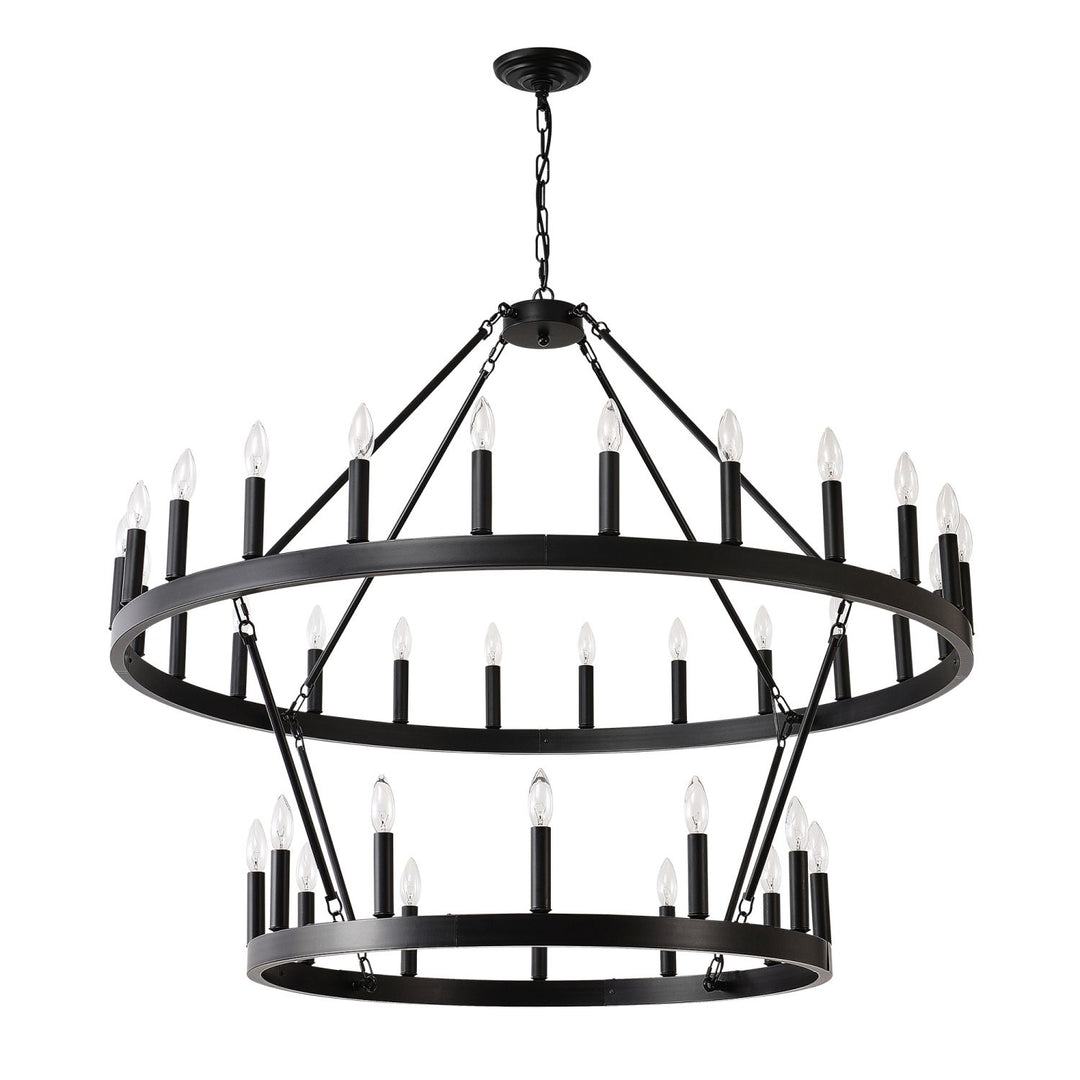 2 Tiers Wagon Wheel Chandelier Wooden Farmhouse 36-Light(24+12) or (12+24 ), Black Metal Chandeliers 2-Story Light Fixtures Industrial for High Ceiling Living Dining Room Foyer. Adjustable Height