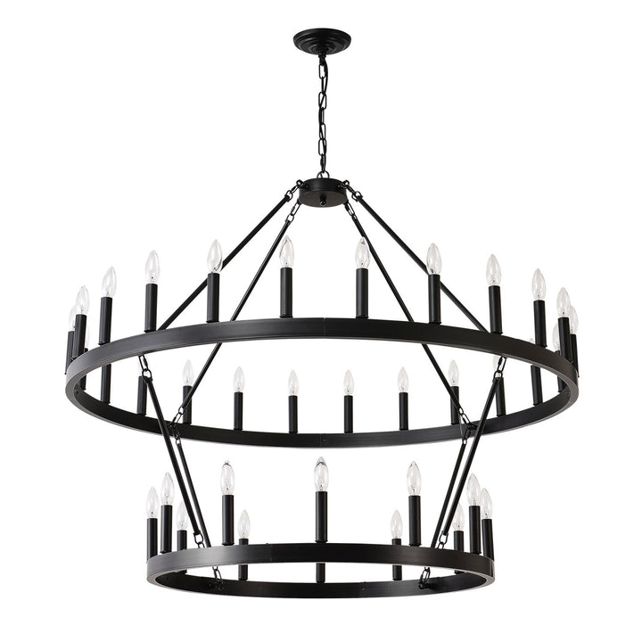 2 Tiers Wagon Wheel Chandelier Wooden Farmhouse 36-Light(24+12) or (12+24 ), Black Metal Chandeliers 2-Story Light Fixtures Industrial for High Ceiling Living Dining Room Foyer. Adjustable Height