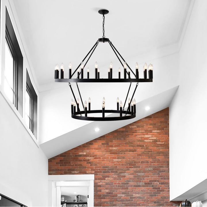 2 Tiers Wagon Wheel Chandelier Wooden Farmhouse 36-Light(24+12) or (12+24 ), Black Metal Chandeliers 2-Story Light Fixtures Industrial for High Ceiling Living Dining Room Foyer. Adjustable Height