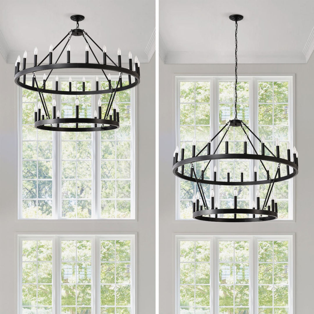 2 Tiers Wagon Wheel Chandelier Wooden Farmhouse 36-Light(24+12) or (12+24 ), Black Metal Chandeliers 2-Story Light Fixtures Industrial for High Ceiling Living Dining Room Foyer. Adjustable Height