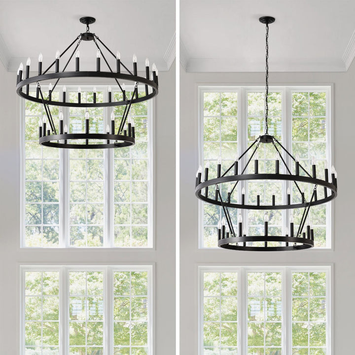 2 Tiers Wagon Wheel Chandelier Wooden Farmhouse 36-Light(24+12) or (12+24 ), Black Metal Chandeliers 2-Story Light Fixtures Industrial for High Ceiling Living Dining Room Foyer. Adjustable Height