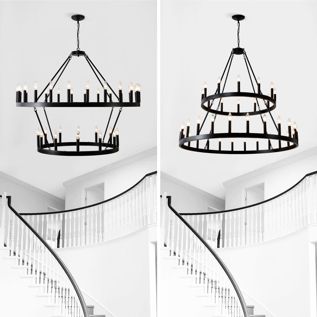 2 Tiers Wagon Wheel Chandelier Wooden Farmhouse 36-Light(24+12) or (12+24 ), Black Metal Chandeliers 2-Story Light Fixtures Industrial for High Ceiling Living Dining Room Foyer. Adjustable Height
