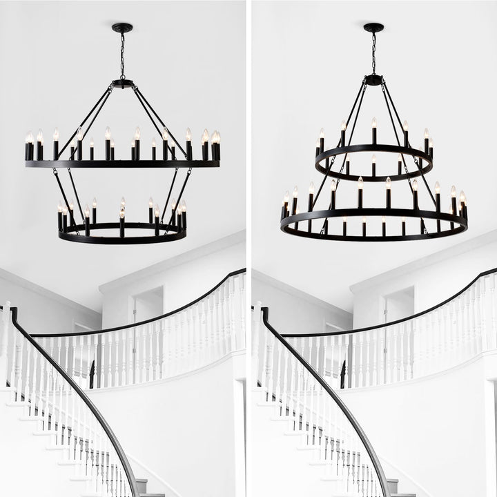 2 Tiers Wagon Wheel Chandelier Wooden Farmhouse 36-Light(24+12) or (12+24 ), Black Metal Chandeliers 2-Story Light Fixtures Industrial for High Ceiling Living Dining Room Foyer. Adjustable Height