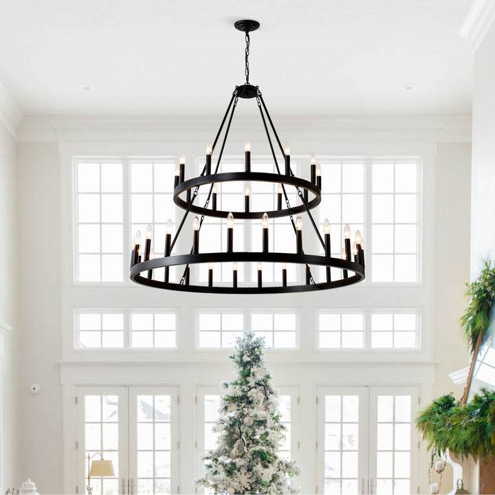 2 Tiers Wagon Wheel Chandelier Wooden Farmhouse 36-Light(24+12) or (12+24 ), Black Metal Chandeliers 2-Story Light Fixtures Industrial for High Ceiling Living Dining Room Foyer. Adjustable Height