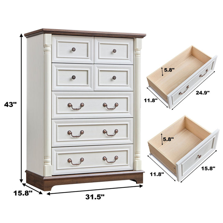 7 Drawer Dresser Chest for Bedroom with Wooden Base and Riser Trim, Wooden Rustic Rustic Chest of Drawers, Storage Dresser for Bedroom, Living Room