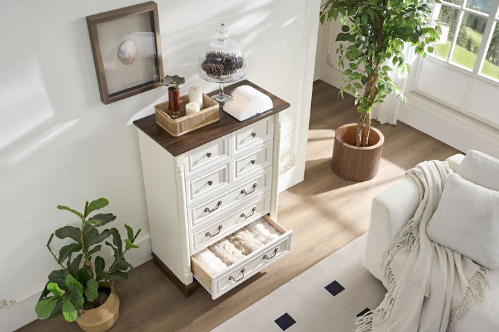 7 Drawer Dresser Chest for Bedroom with Wooden Base and Riser Trim, Wooden Rustic Rustic Chest of Drawers, Storage Dresser for Bedroom, Living Room