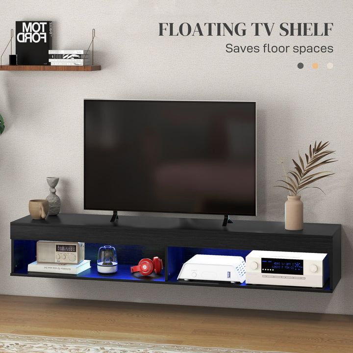 Modern Wall Mounted TV Stand with Storage and LED Lights for TVs up to 75", Floating TV Shelf for Living Room, Black