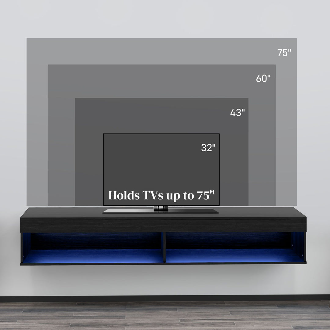 Modern Wall Mounted TV Stand with Storage and LED Lights for TVs up to 75", Floating TV Shelf for Living Room, Black