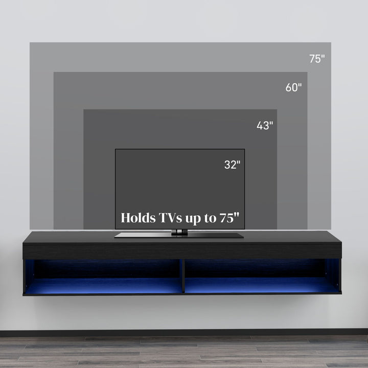 Modern Wall Mounted TV Stand with Storage and LED Lights for TVs up to 75", Floating TV Shelf for Living Room, Black