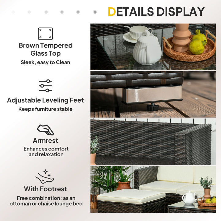 3 Pieces Patio Furniture Set with Cushions, Outdoor PE Rattan Wicker Conversation Corner Sofa Set with Glass Top Table and Adjustable Foot for Garden, Lawn, Cream White