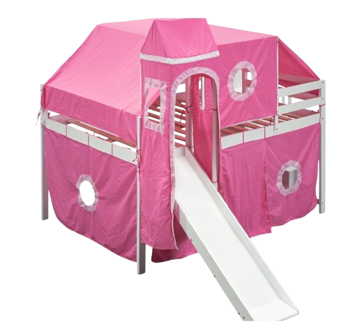 Full Size Loft Bed with Tent and Tower, Sturdy Wooden Frame, Adventure-Themed Fun and Functional Design for Bedroom, Pink