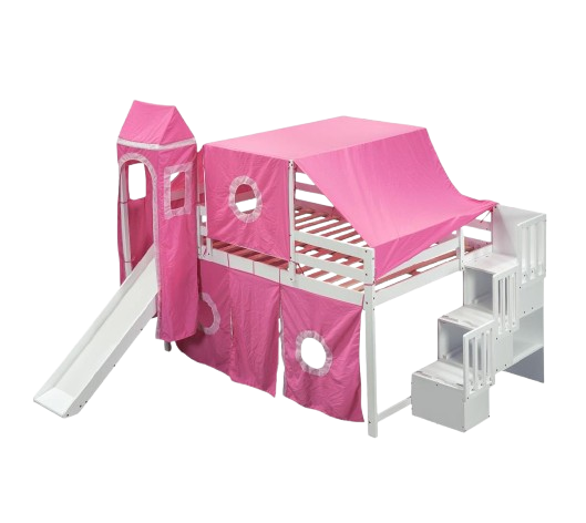 Full Size Loft Bed with Tent and Tower, Sturdy Wooden Frame, Adventure-Themed Fun and Functional Design for Bedroom, Pink