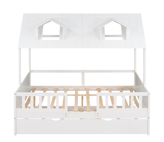 Full Size House Bed Wood Bed with Twin Size Trundle ( White )