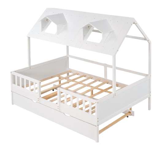 Full Size House Bed Wood Bed with Twin Size Trundle ( White )
