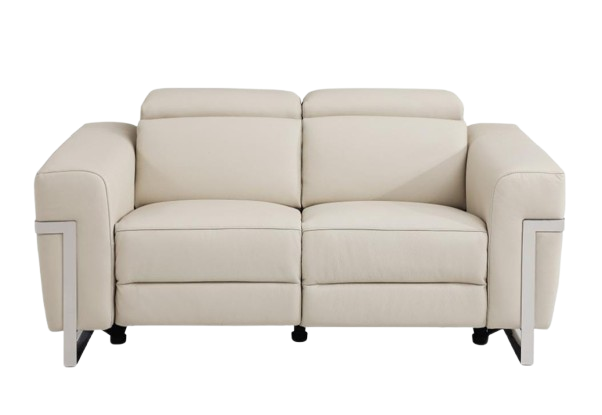 Beige Italian Leather Power Reclining Sofa and Loveseat Set - 5-Person Seating with Silver Metal Legs