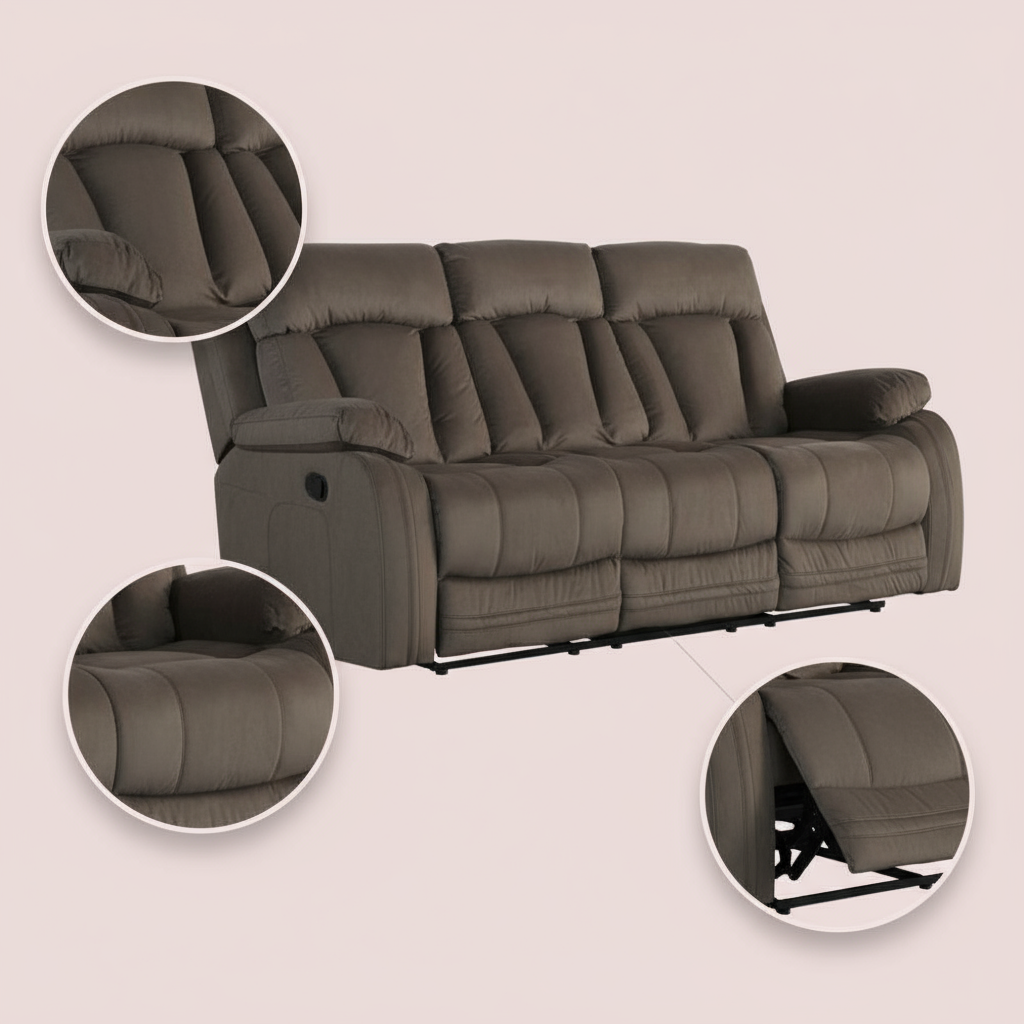 Premium Brown Microsuede Manual Recliner Sofa with Steel Base - Contemporary 3-Seat Glider Reclining Sofa for Modern Living Room