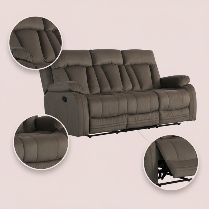 Premium Brown Microsuede Manual Recliner Sofa with Steel Base - Contemporary 3-Seat Glider Reclining Sofa for Modern Living Room
