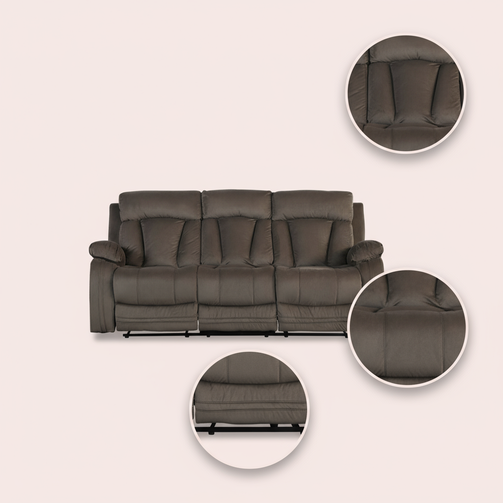 Premium Brown Microsuede Manual Recliner Sofa with Steel Base - Contemporary 3-Seat Glider Reclining Sofa for Modern Living Room