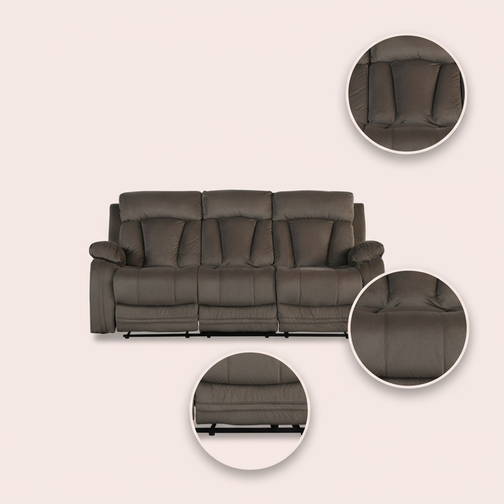 Premium Brown Microsuede Manual Recliner Sofa with Steel Base - Contemporary 3-Seat Glider Reclining Sofa for Modern Living Room