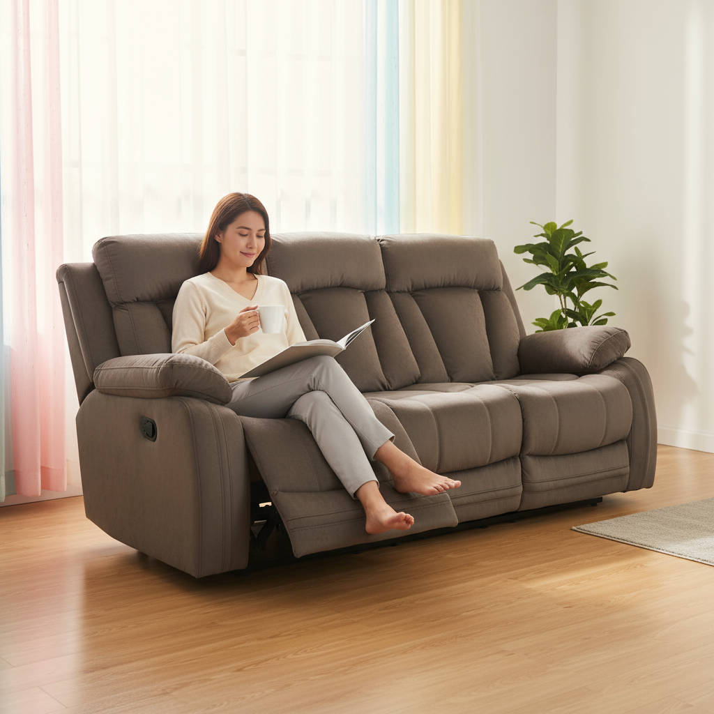 Premium Brown Microsuede Manual Recliner Sofa with Steel Base - Contemporary 3-Seat Glider Reclining Sofa for Modern Living Room