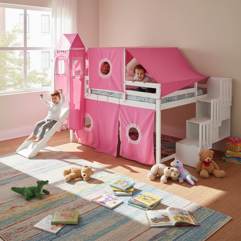 Full Size Loft Bed with Tent and Tower, Sturdy Wooden Frame, Adventure-Themed Fun and Functional Design for Bedroom, Pink