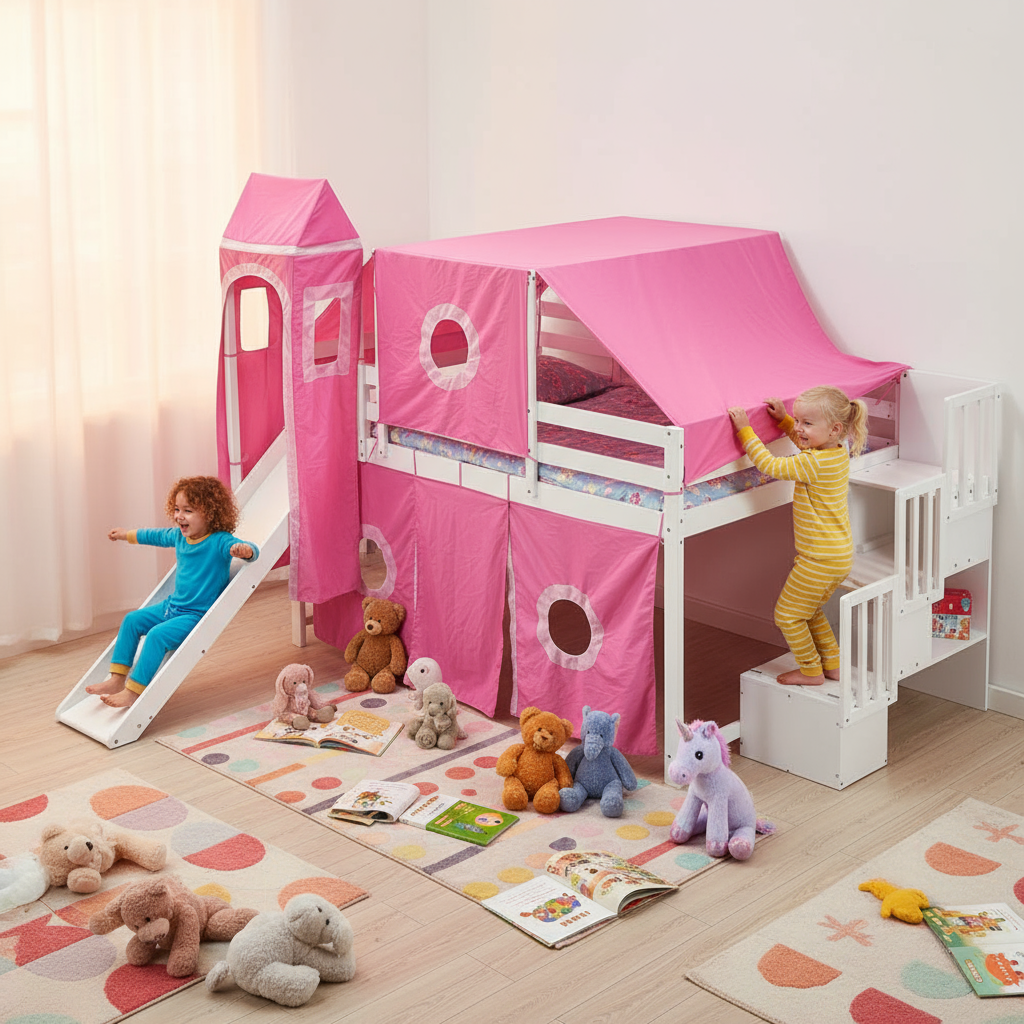 Full Size Loft Bed with Tent and Tower, Sturdy Wooden Frame, Adventure-Themed Fun and Functional Design for Bedroom, Pink