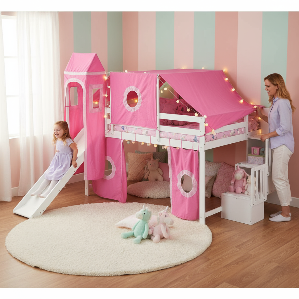 Full Size Loft Bed with Tent and Tower, Sturdy Wooden Frame, Adventure-Themed Fun and Functional Design for Bedroom, Pink